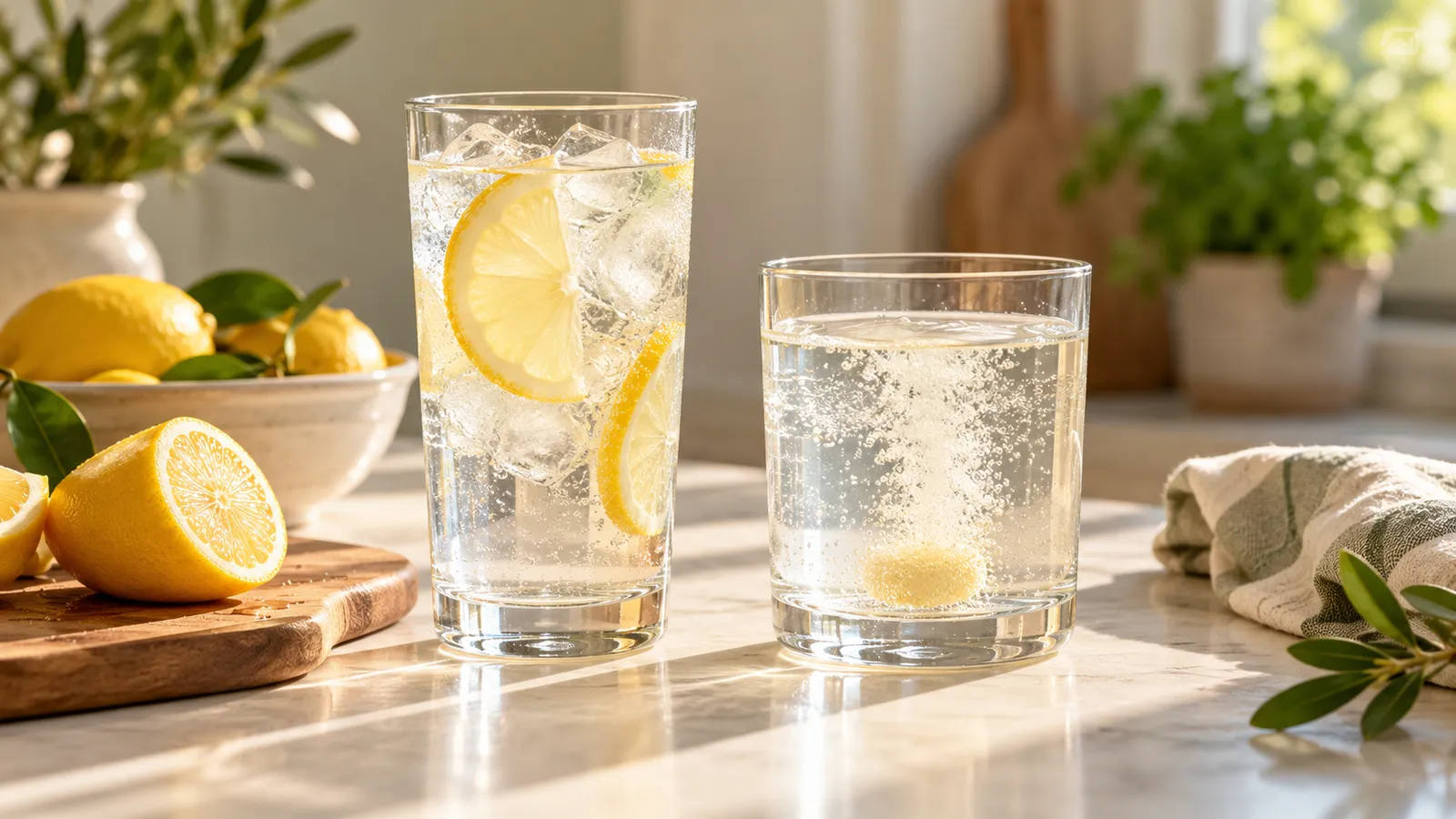 Lemon and ice in a tall glass of water beside a fizzing electrolyte tablet in a second glass on a sunlit kitchen counter.