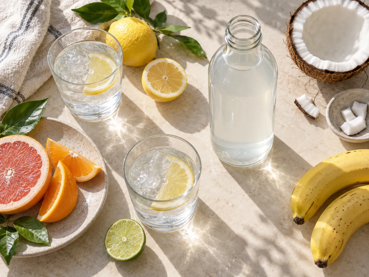 Water glasses, sliced citrus, bananas and an unlabelled bottle of coconut water on a light table.