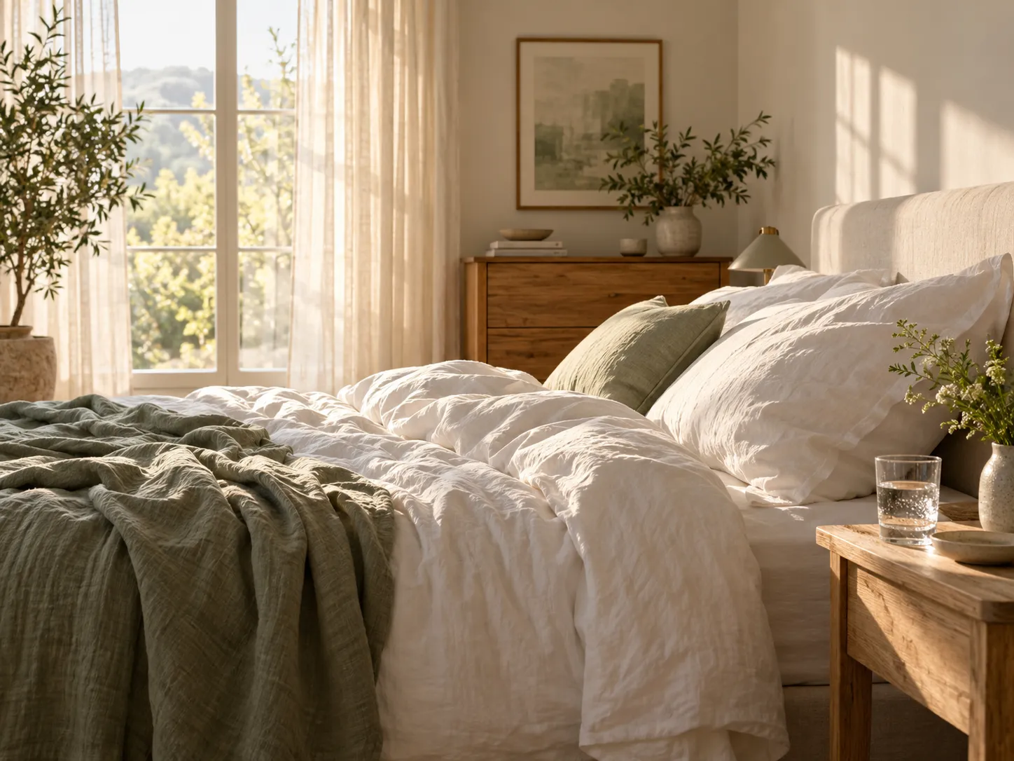 Soft morning light across rumpled white bedding, with a glass of water beside the bed.